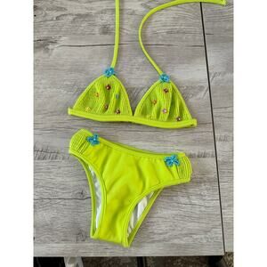 Girls Neon Green Floral Triangle Bikini Set – Cute Summer Swimwear 5T-6T
